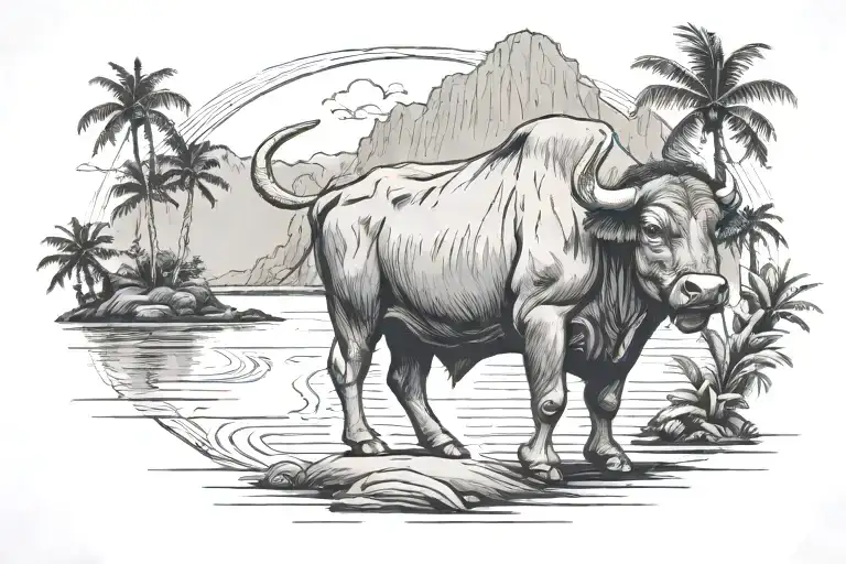carabao  standin on a trapical island tattoo design idea