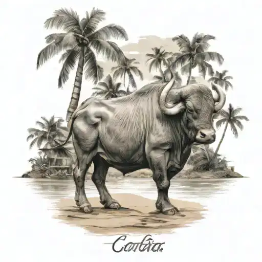 carabao  standin on a trapical island tattoo design idea