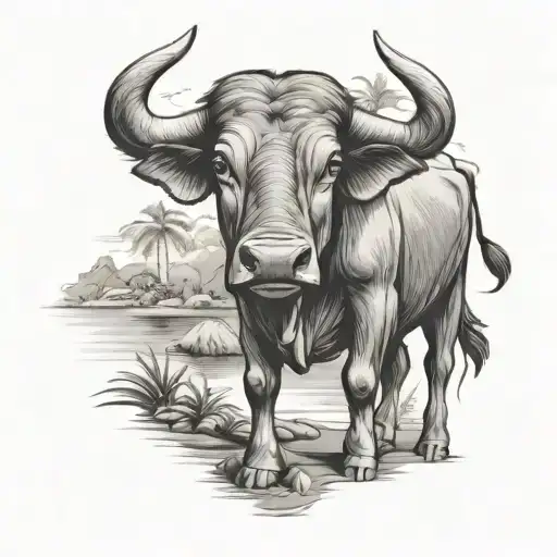 carabao standing on a trapical island landscape tattoo design idea