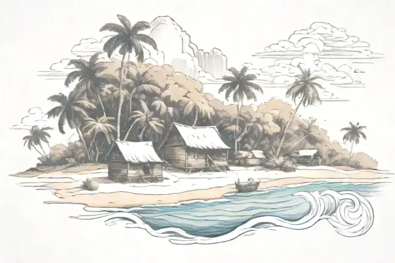 trapical island with carabao and huts in the background  no snow  tattoo design idea