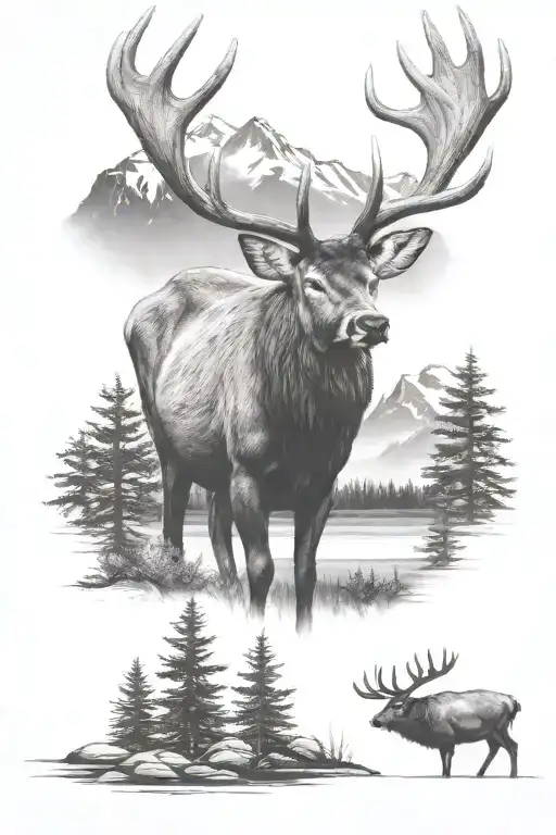 Mountains Whitetail deer elk buffalo tattoo design idea