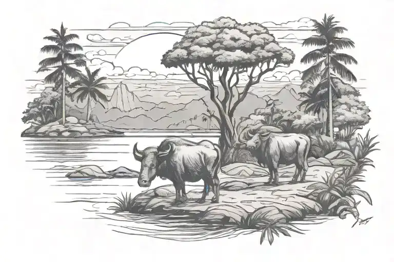 carabao  standin on a trapical island tattoo design idea