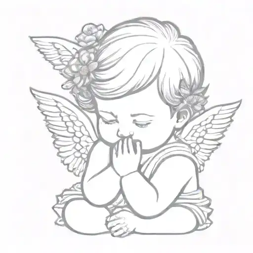 2 baby angels praying with Chrysan mini tattoo  tattoo design idea