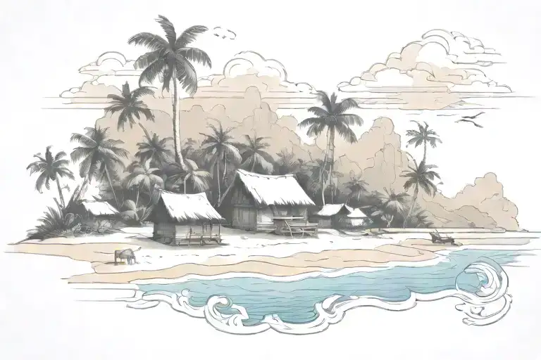 trapical island with carabao and huts in the background  no snow  tattoo design idea