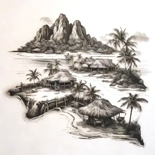 trapical island with carabao and huts in the background  tattoo design idea