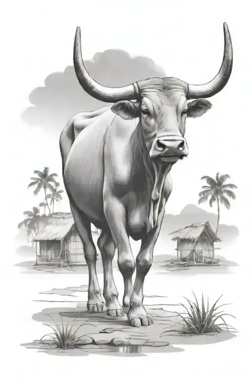 carabao  standing in front with huts in background   tattoo design idea