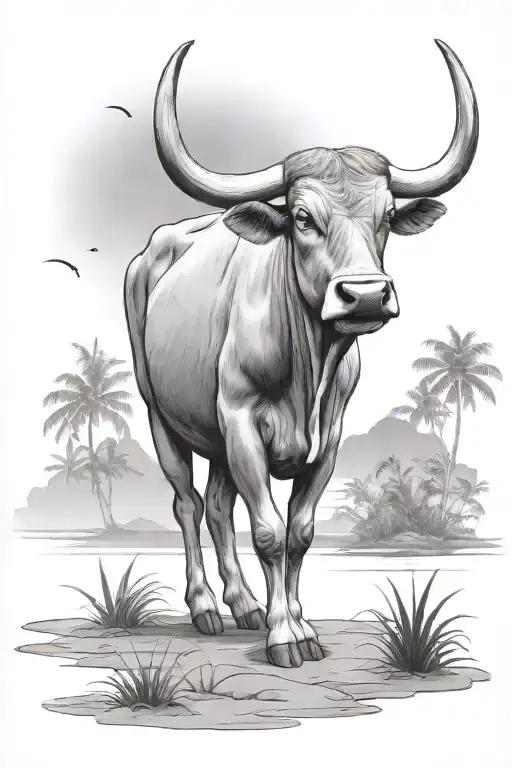 carabao  standin on a trapical island  tattoo design idea