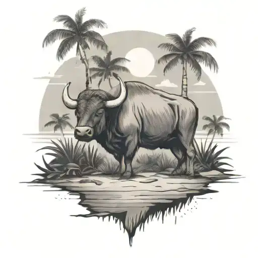 carabao standing on a trapical island landscape with huts  tattoo design idea