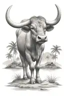 carabao  standing in front of a trapical island  tattoo design idea