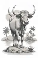 carabao  standing in front of a trapical island  tattoo design idea
