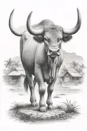 carabao  standing in front with huts in background   tattoo design idea