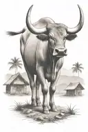 carabao  standing in front with huts in background   tattoo design idea