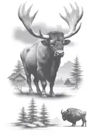  buffalo standing in front with huts in background   tattoo design idea