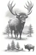  buffalo standing in front with huts in background   tattoo design idea