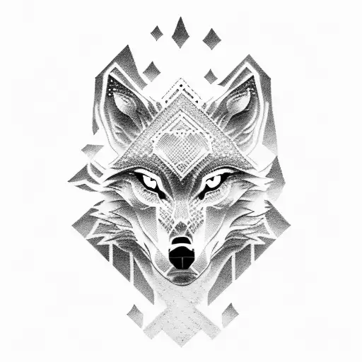 A dotwork tattoo of a lone wolf standing atop a mountain peak tattoo design idea