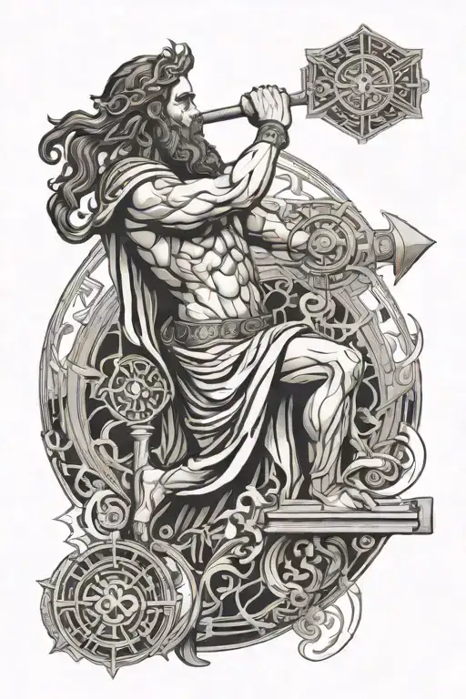 Greek goddess Hephaestus fire and hammer tattoo design idea