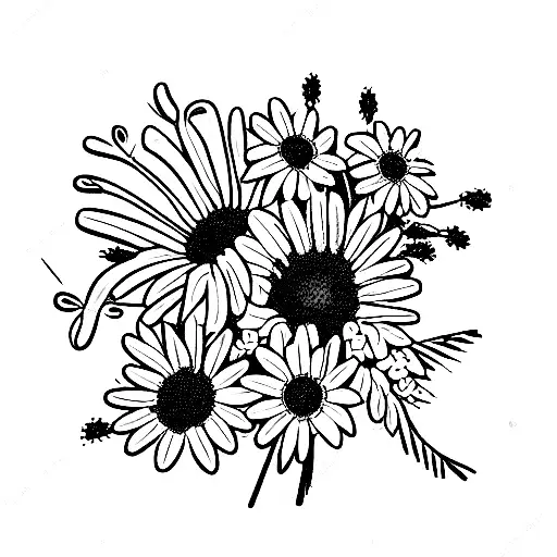 bouquet with daisy, lily of the valley, and chrysanthemum tattoo design idea