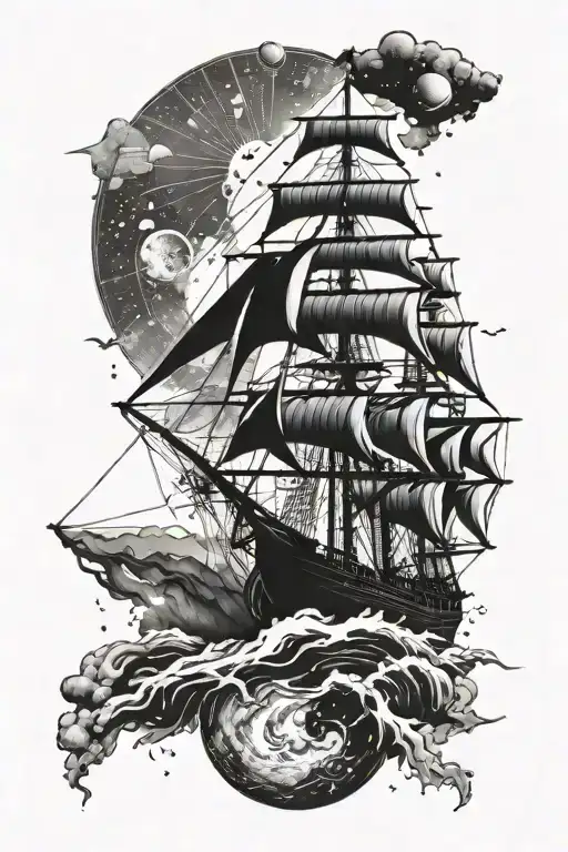 A blackwork tattoo of a vintage tall ship sailing through a cosmic ocean, blending the client's favorite things of tall ships and space exploration tattoo design idea