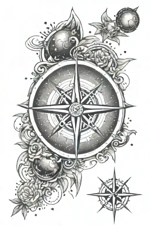 A dotwork tattoo of a nautical compass rose surrounded by celestial elements like stars and planets, reflecting the client's interests in space and maritime navigation tattoo design idea