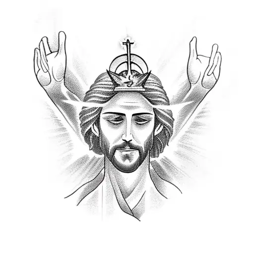 A tattoo of a detailed depiction of Jesus Christ with rays of light emanating from his hands, representing divine guidance and faith. tattoo design idea