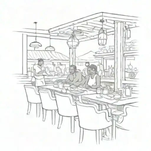 A sketch of a bustling restaurant scene with a subtle nod to Kenya in the background tattoo design idea