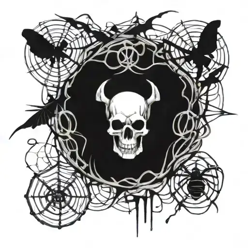 A skull surrounded by spiders and cobwebs with musical notes intertwined tattoo design idea