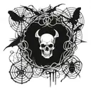 A skull surrounded by spiders and cobwebs with musical notes intertwined tattoo design idea