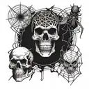 A skull surrounded by spiders and cobwebs with musical notes intertwined tattoo design idea
