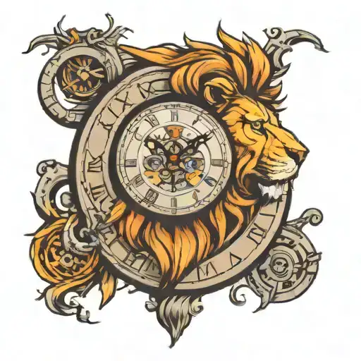 old clock face and angry lion head tattoo design idea