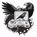 A tattoo of a crow holding a controller, with music notes and trading symbols intertwined in its feathers tattoo design idea