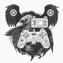 A tattoo of a crow holding a controller, with music notes and trading symbols intertwined in its feathers tattoo design idea