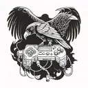 A tattoo of a crow holding a controller, with music notes and trading symbols intertwined in its feathers tattoo design idea
