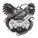 A tattoo of a crow holding a controller, with music notes and trading symbols intertwined in its feathers tattoo design idea