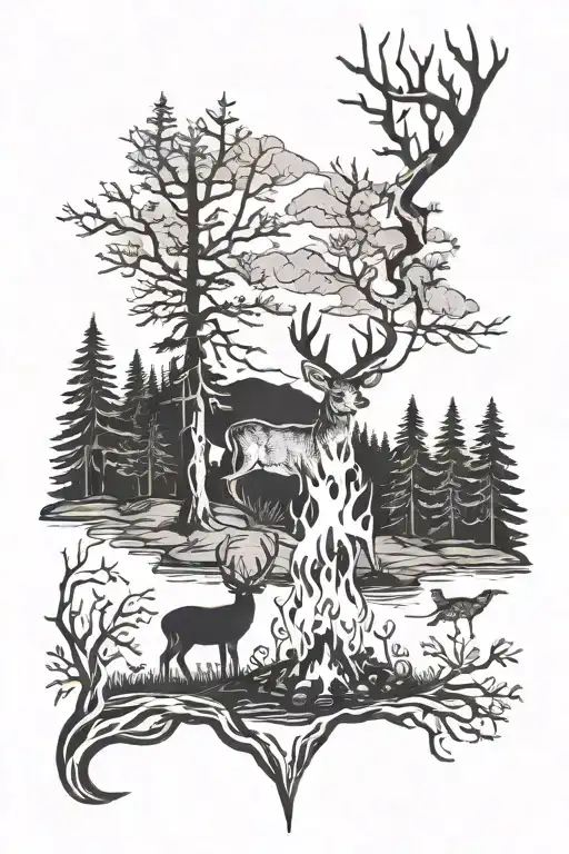 A campfire scene with a deer silhouette in the background tattoo design idea
