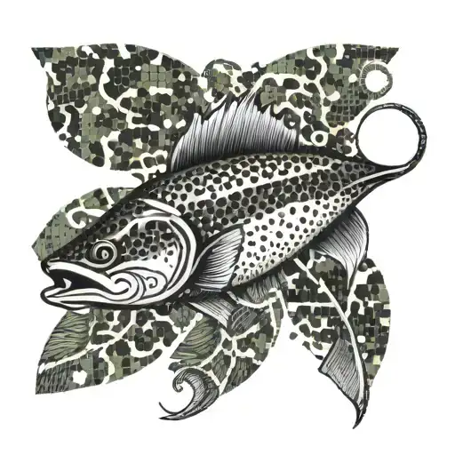 A detailed fishing lure with a camouflage background and a subtle money symbol incorporated into the design tattoo design idea