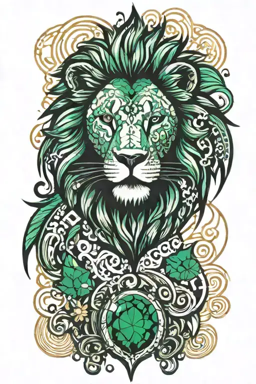 A lion silhouette filled with graffiti patterns and a shining emerald stone as its heart tattoo design idea