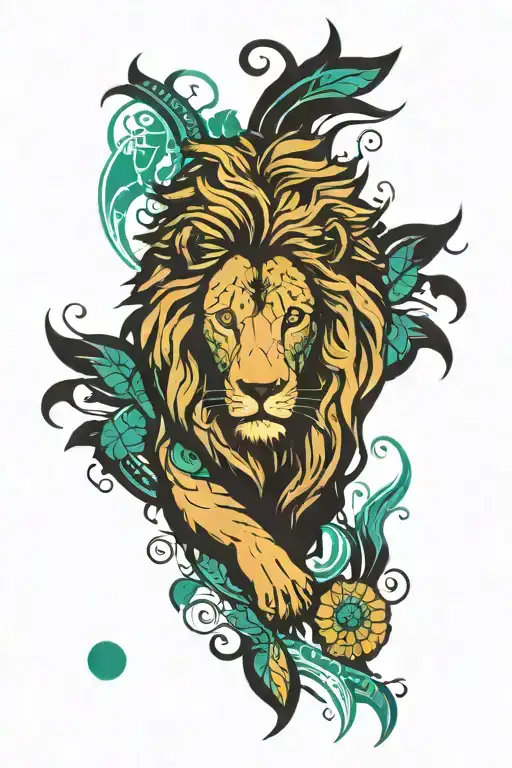 A lion silhouette filled with graffiti patterns and a shining emerald stone as its heart tattoo design idea