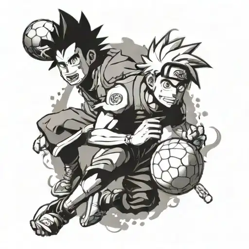 A fusion tattoo design featuring characters from Naruto and Dragon Ball engaged in a friendly game of soccer tattoo design idea