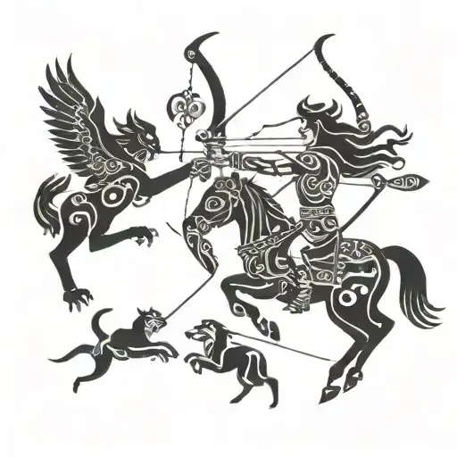 a Centaur shooting a bow and arrow, a white owl in full flight, a whale breaching water, and wolf eyes looking tattoo design idea