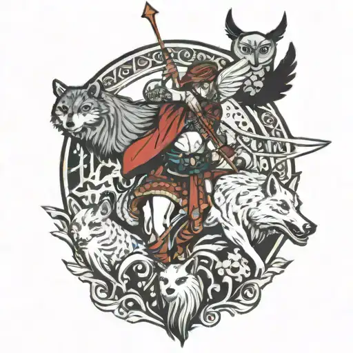 a Centaur shooting a bow and arrow, a white owl in full flight, a whale breaching water, and wolf eyes looking tattoo design idea