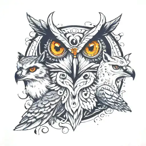 a Centurian, a white owl, a whale, and wolf eyes looking tattoo design idea