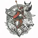 a Centaur shooting a bow and arrow, a white owl in full flight, a whale breaching water, and wolf eyes looking tattoo design idea