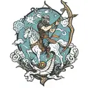 a Centaur shooting a bow and arrow, a white owl in full flight, a whale breaching water, and wolf eyes looking tattoo design idea