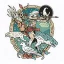 a Centaur shooting a bow and arrow, a white owl in full flight, a whale breaching water, and wolf eyes looking tattoo design idea