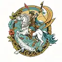 a Centaur shooting a bow and arrow, a white owl in full flight, a whale breaching water, and wolf eyes looking tattoo design idea