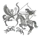 a Centaur shooting a bow and arrow, a white owl in full flight, a whale breaching water, and wolf eyes looking tattoo design idea