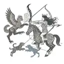 a Centaur shooting a bow and arrow, a white owl in full flight, a whale breaching water, and wolf eyes looking tattoo design idea