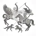 a Centaur shooting a bow and arrow, a white owl in full flight, a whale breaching water, and wolf eyes looking tattoo design idea