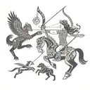 a Centaur shooting a bow and arrow, a white owl in full flight, a whale breaching water, and wolf eyes looking tattoo design idea