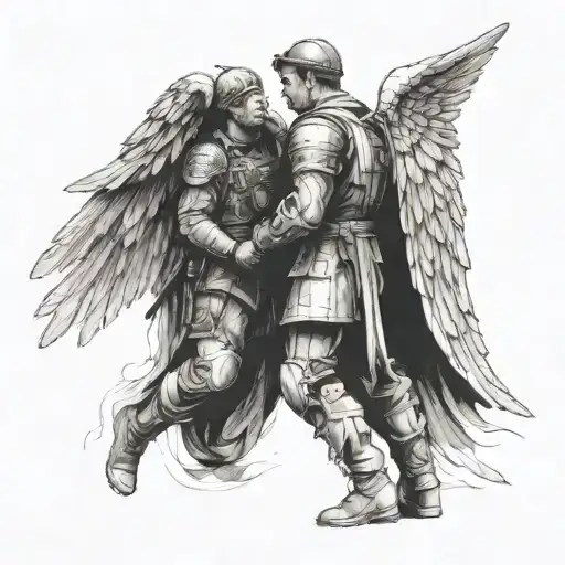 In the foreground is the wing of an angel that covers a soldier, a soldier looks at an angel at a soldier tattoo tattoo design idea